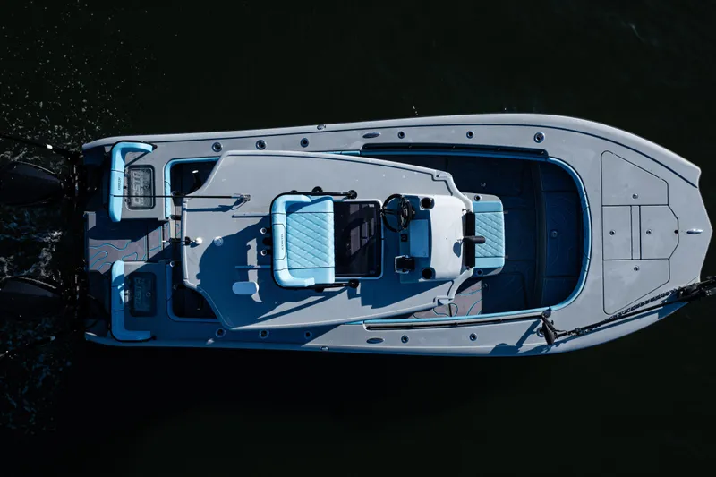 Yacht Photos Pics 2022 Costa Custom Boats 264, aerial view, sleek design, light blue accents, on dark water.