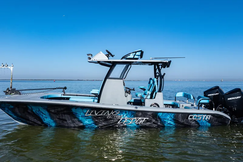  Yacht Photos Pics 2022 Costa Custom Boats 264 on water, featuring "Living on the Edge" design.