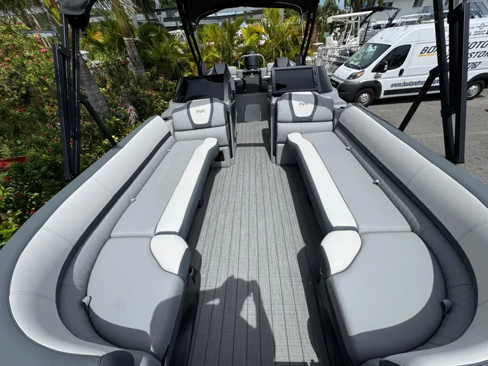  Yacht Photos Pics 2025 Avalon Catalina Platinum Quad Lounge boat interior with luxurious seating and modern design.