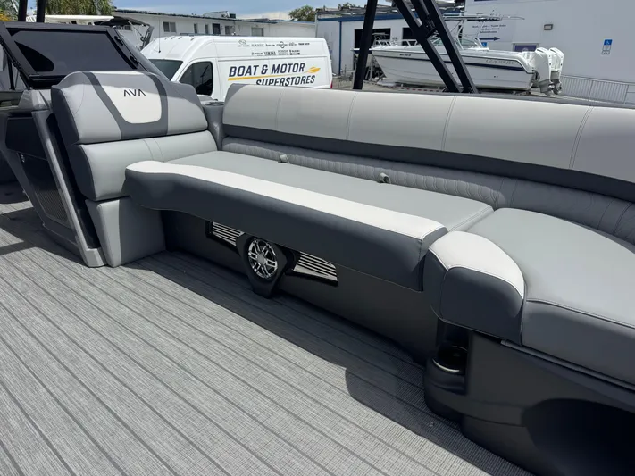  Yacht Photos Pics 2025 Avalon Catalina Platinum Quad Lounge boat interior with sleek gray seating and modern design.