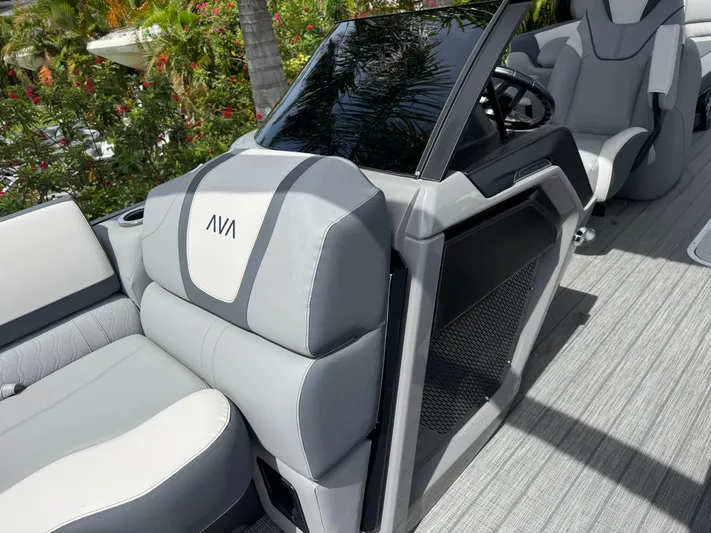  Yacht Photos Pics 2025 Avalon Catalina Platinum Quad Lounge interior with sleek gray seating and modern design.