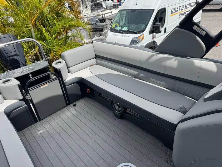  Yacht Photos Pics 2025 Avalon Catalina Platinum Quad Lounge boat interior with gray seating and modern design.