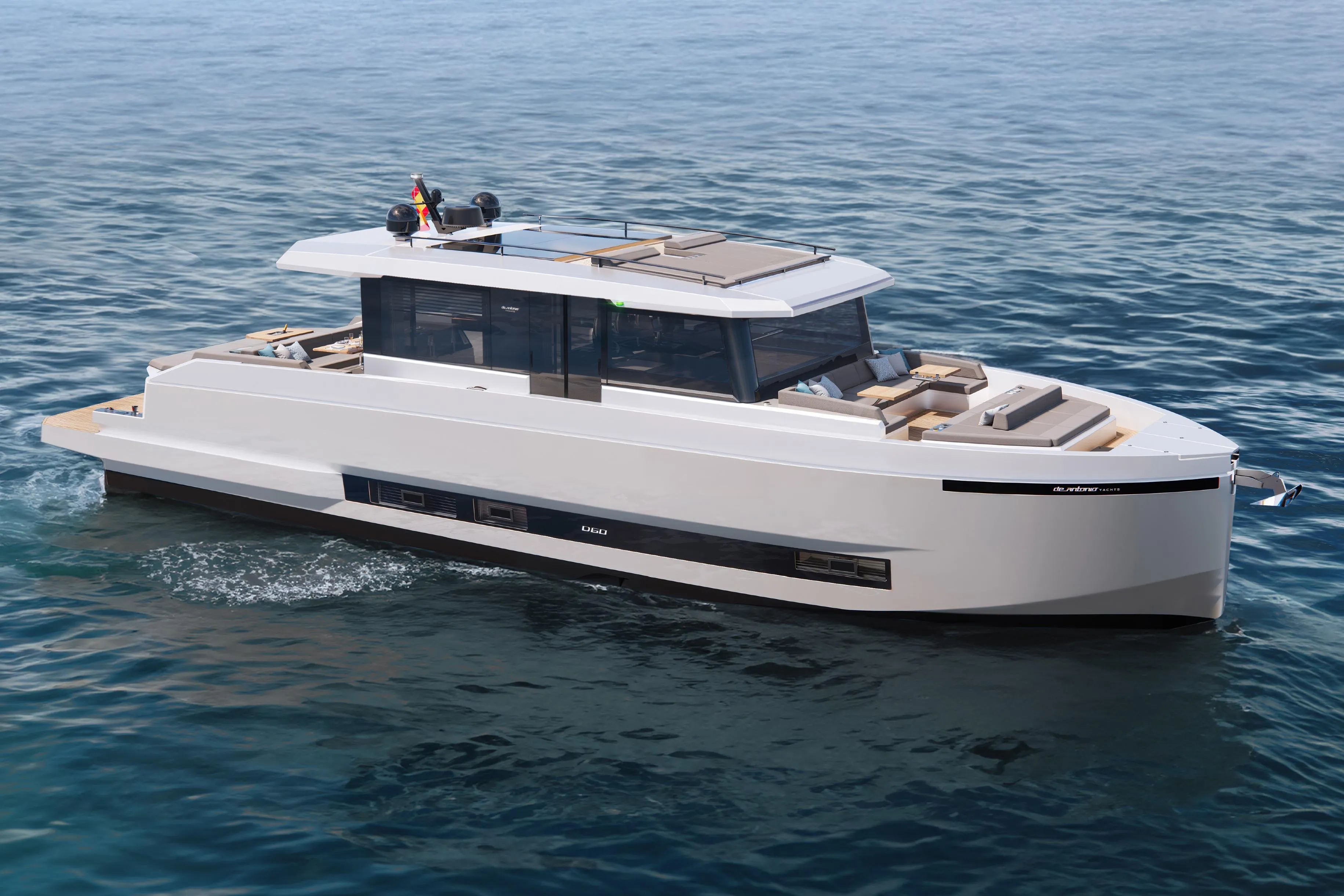 2026 De Antonio Yachts D60 cruising on open water, showcasing sleek modern design.