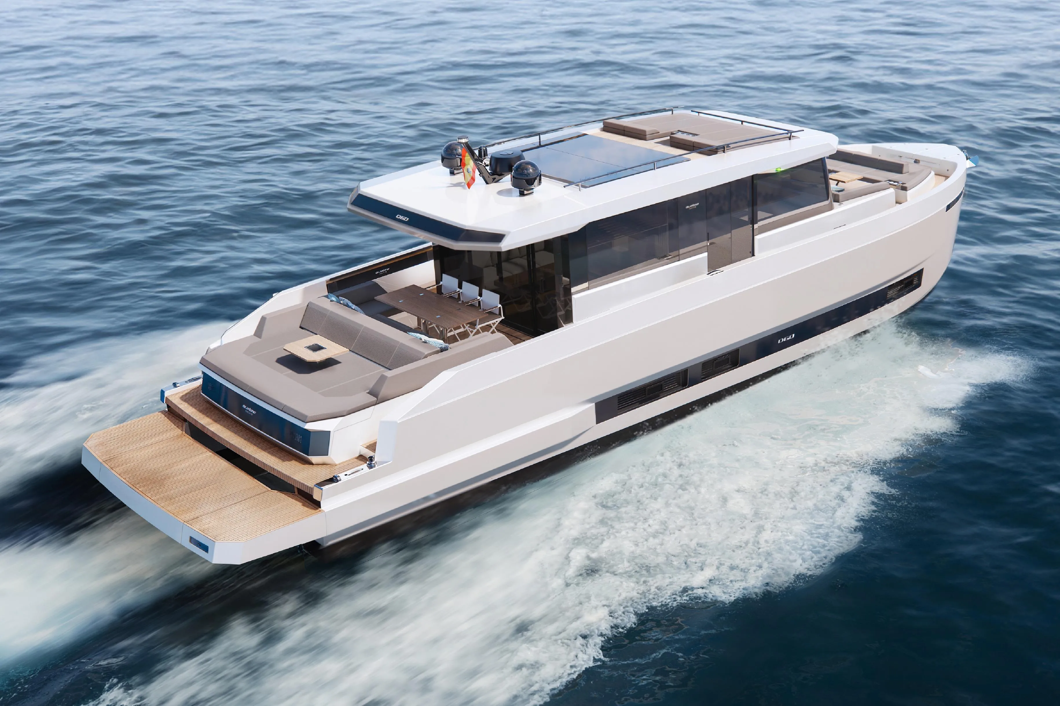 2026 De Antonio Yachts D60 cruising on open water, showcasing sleek design and luxury features.