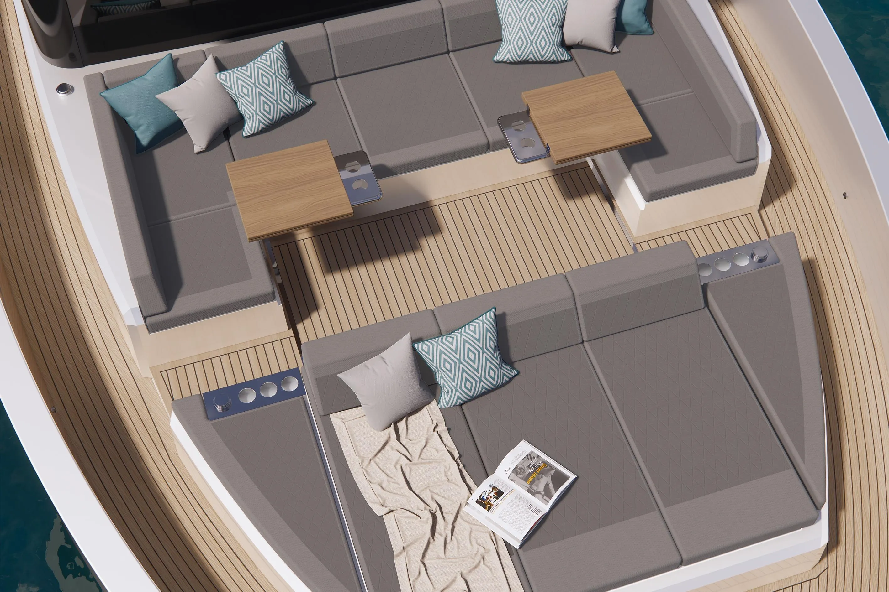 Luxurious 2026 De Antonio Yachts D60 deck with elegant seating and cushions.
