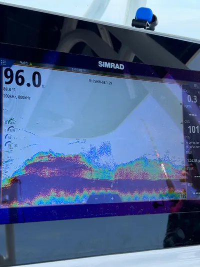  Yacht Photos Pics Simrad fishfinder display on 2017 Cape Horn 36 XS boat, showing sonar data.