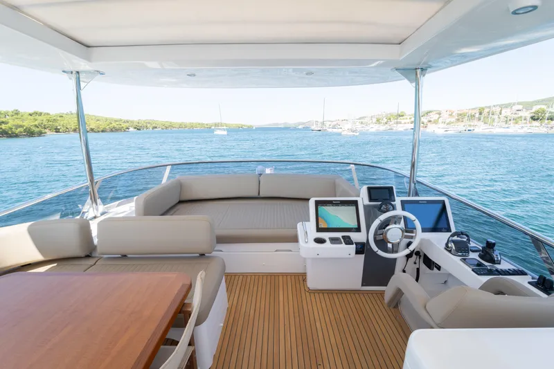 Izi Yacht Photos Pics Flybridge of 2017 Azimut Magellano 66 yacht with seating and navigation equipment.