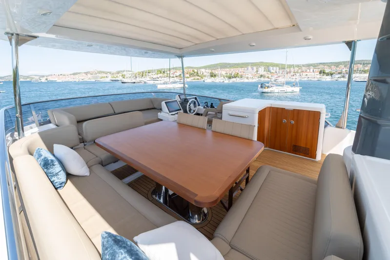 Izi Yacht Photos Pics Luxurious 2017 Azimut Magellano 66 yacht deck with seating and ocean view.