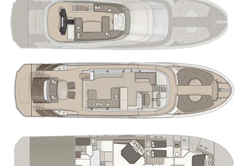 Wasana Yacht Photos Pics Floor plan of 2015 Monte Carlo Yachts MCY 70, showcasing three levels with detailed layouts.