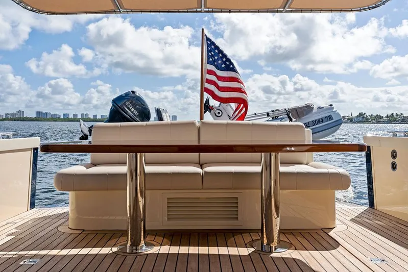 Tutto Bene Yacht Photos Pics 2018 Palm Beach Motor Yachts PB55 Flybridge deck with American flag and scenic water view.