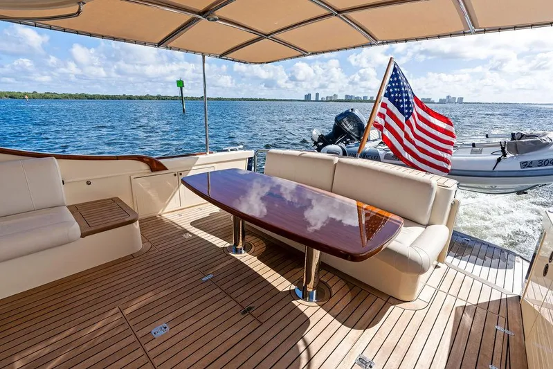 Tutto Bene Yacht Photos Pics Luxurious 2018 Palm Beach Motor Yachts PB55 Flybridge with elegant deck and American flag.