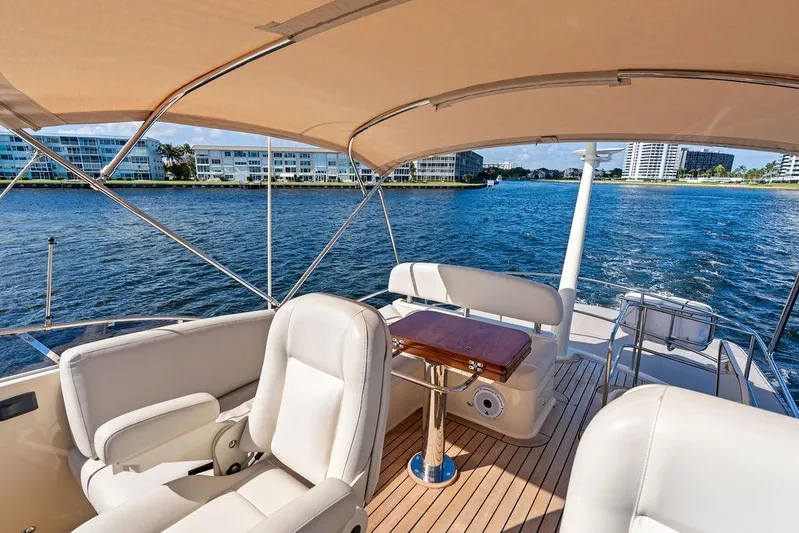 Tutto Bene Yacht Photos Pics 2018 Palm Beach Motor Yachts PB55 Flybridge, luxurious deck view with seating and water backdrop.