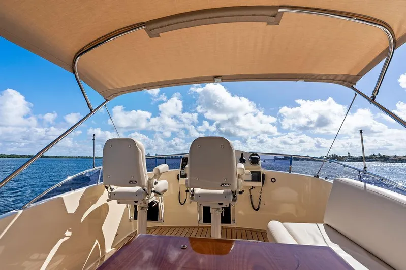 Tutto Bene Yacht Photos Pics Flybridge view of 2018 Palm Beach Motor Yachts PB55, featuring helm seats and ocean backdrop.