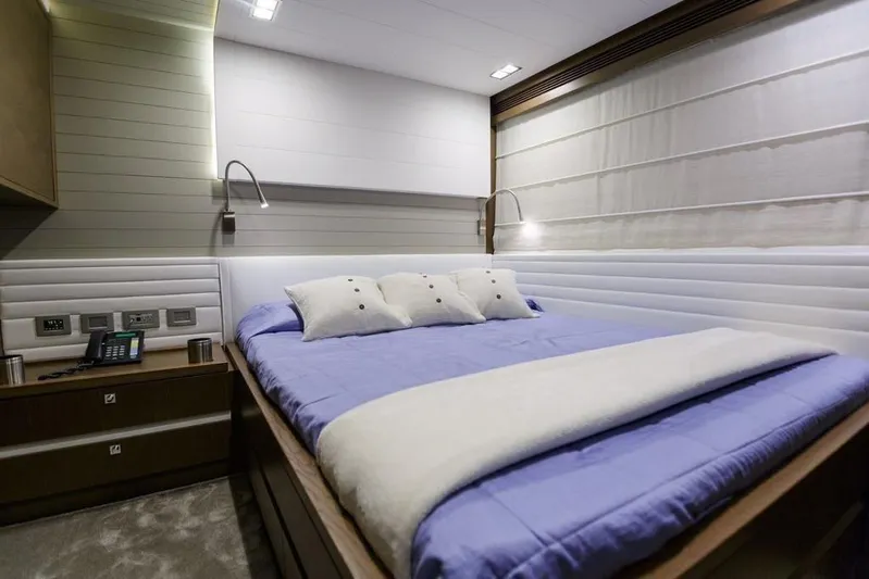 Sha Sha Sha IV Yacht Photos Pics Luxurious bedroom interior on 2014 Custom Line 100 yacht, featuring modern design and cozy bedding.
