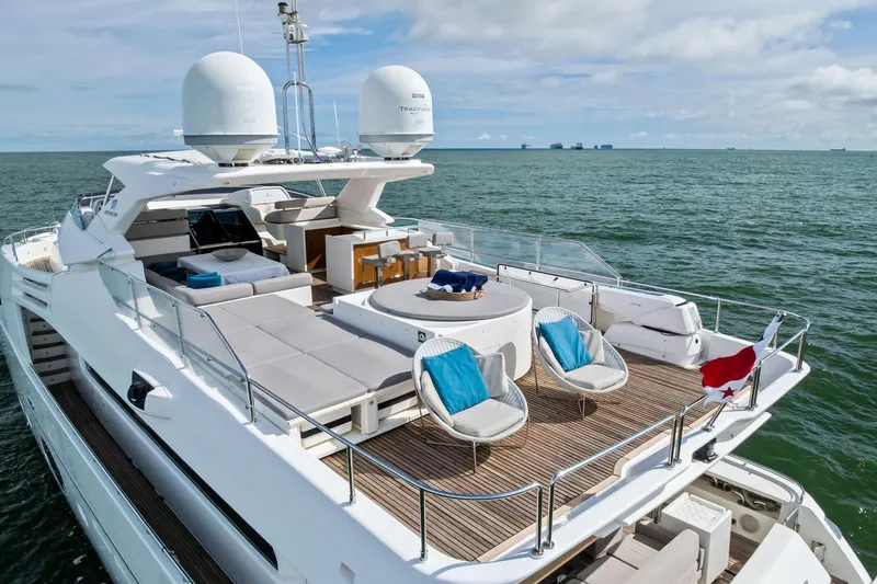 Sha Sha Sha IV Yacht Photos Pics Luxurious 2014 Custom Line 100 yacht with spacious deck and ocean view.