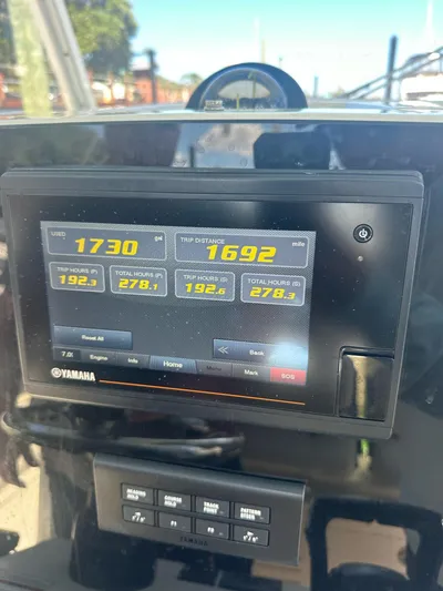  Yacht Photos Pics Yamaha display on 2022 Cobia 350 Center Console showing trip data and fuel usage.