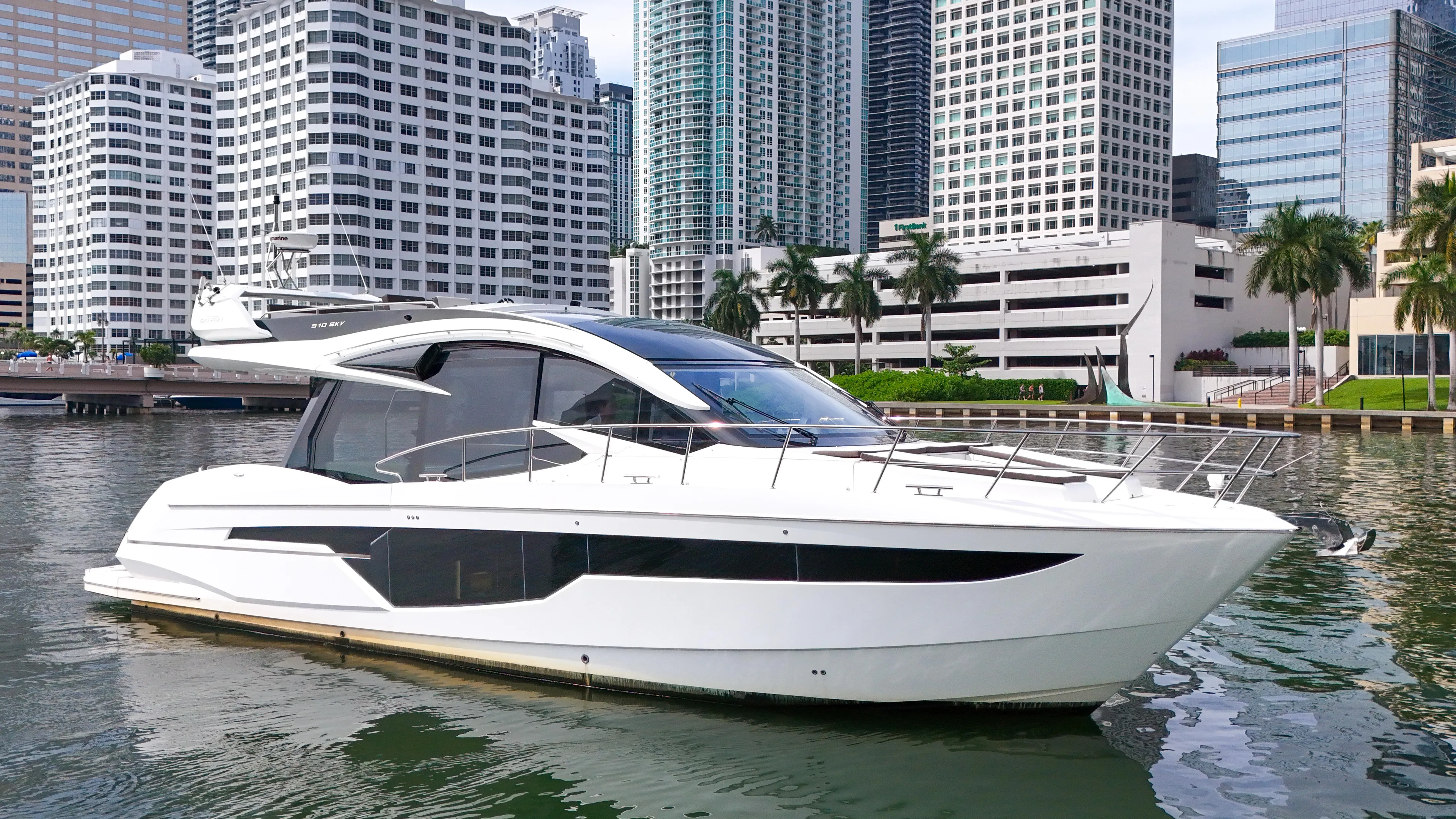 Yacht Photos Pics Luxury yacht Galeon 510 Sky 2020 in urban waterfront setting.