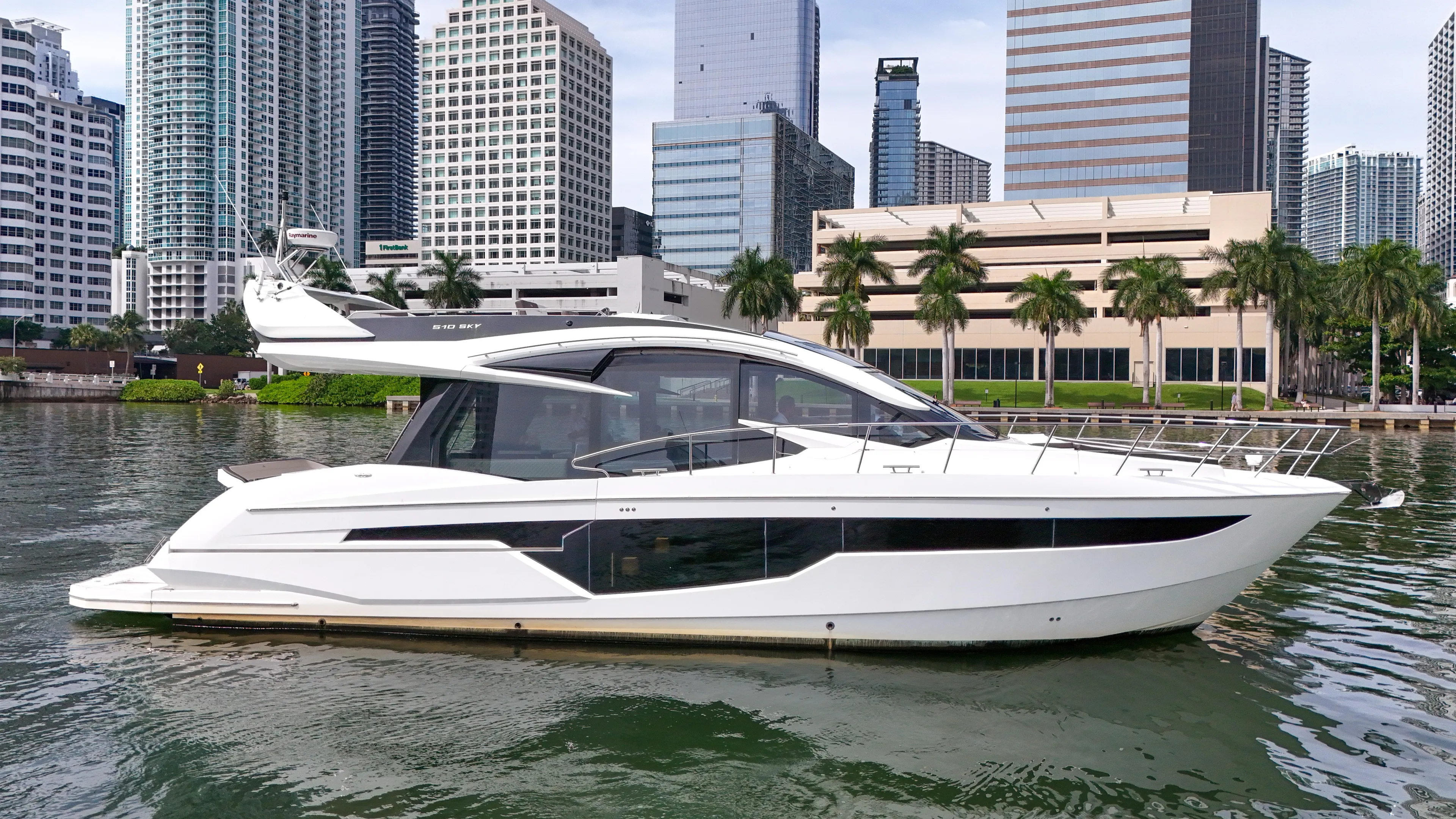  Yacht Photos Pics 2020 Galeon 510 Sky yacht against urban skyline.