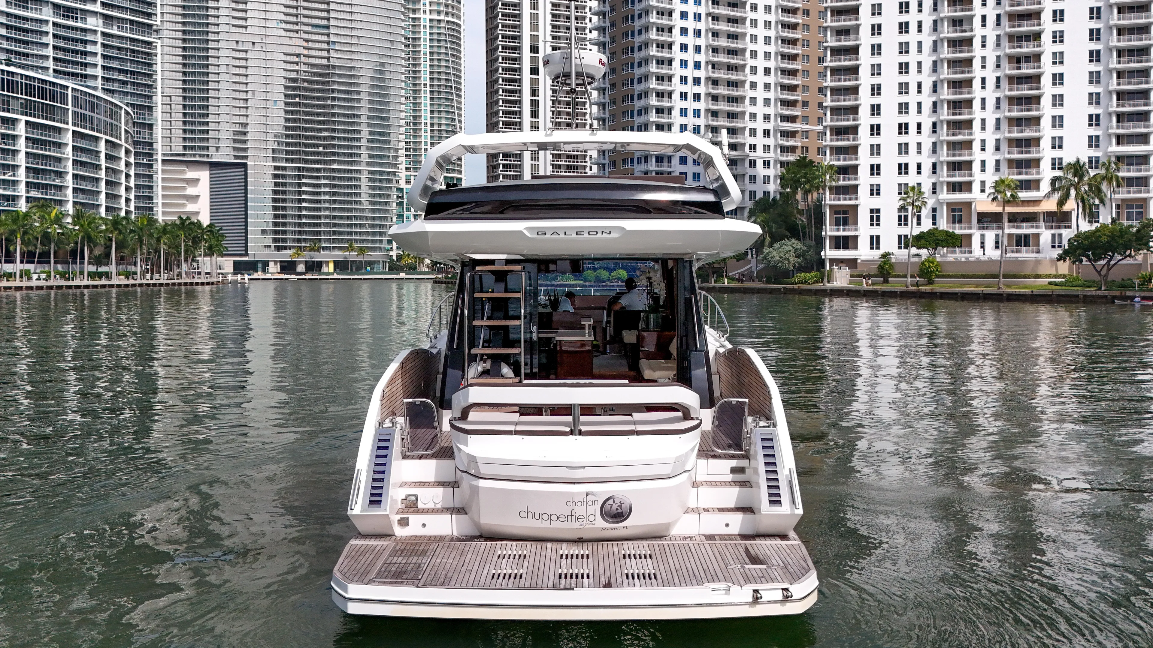  Yacht Photos Pics Galeon 510 Sky 2020 yacht in urban waterfront setting.