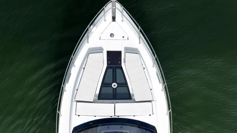  Yacht Photos Pics Aerial view of 2020 Galeon 510 Sky yacht on calm water.