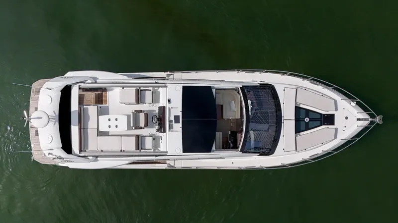  Yacht Photos Pics Aerial view of 2020 Galeon 510 Sky yacht on the water.
