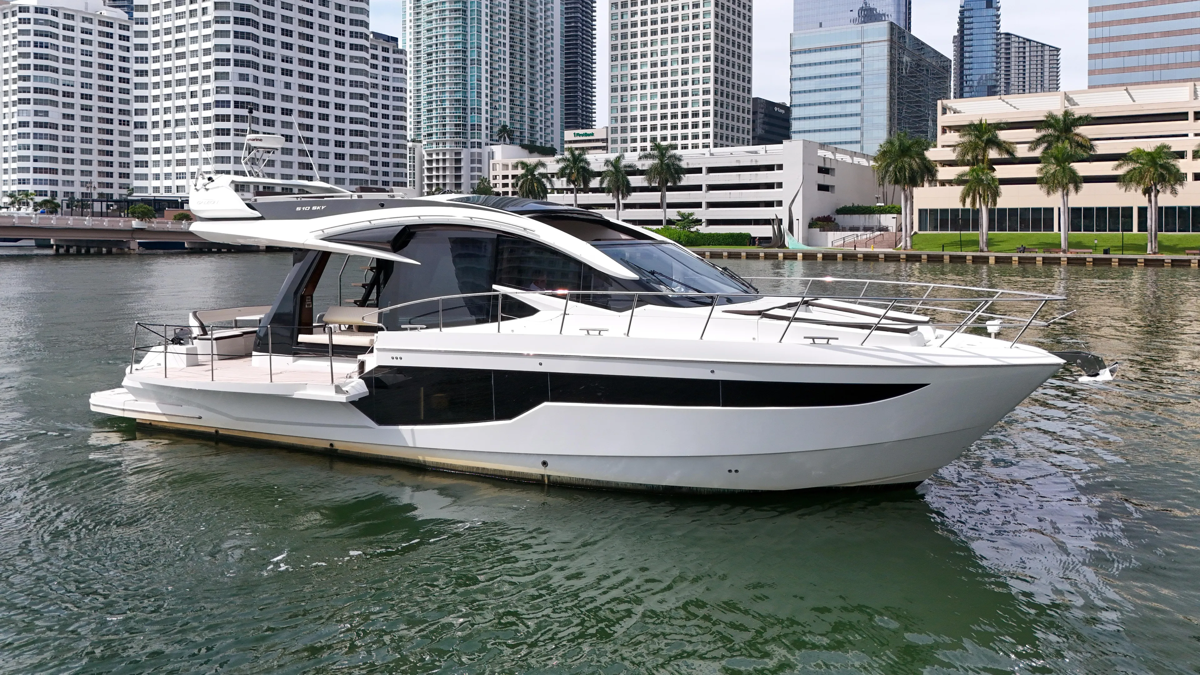  Yacht Photos Pics 2020 Galeon 510 Sky yacht in urban waterfront setting.