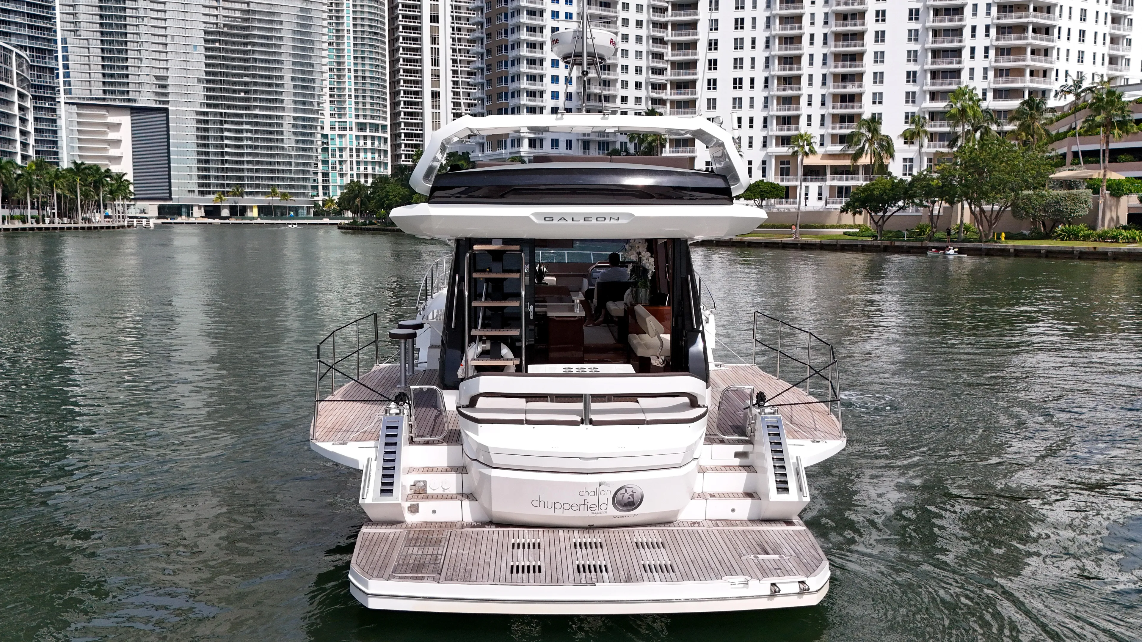  Yacht Photos Pics Galeon 510 Sky 2020 yacht in urban waterfront setting.