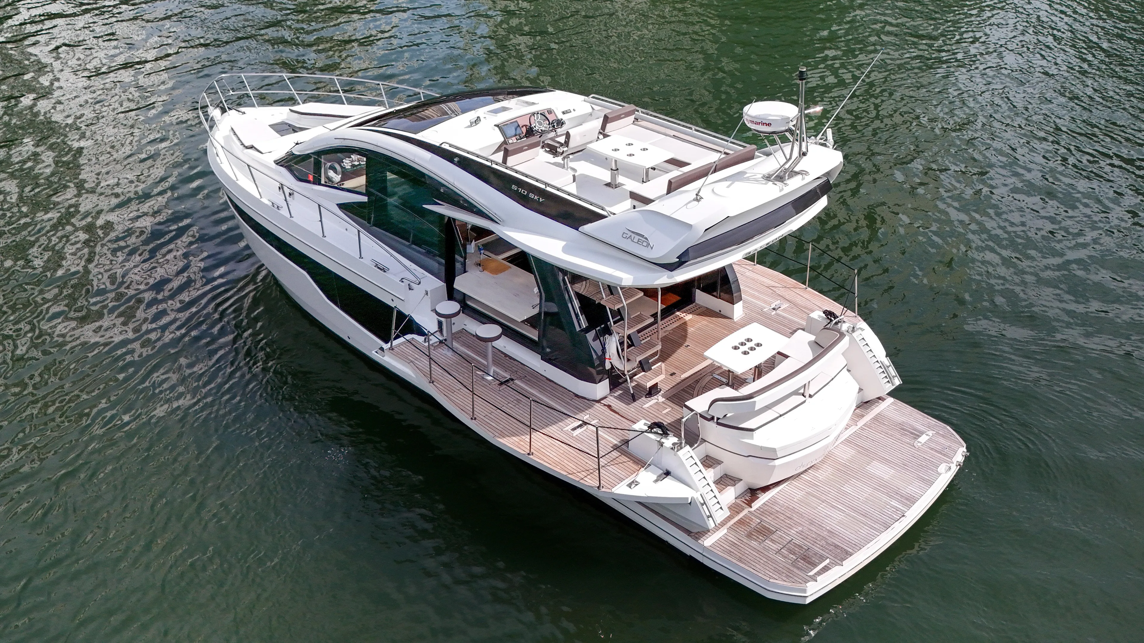  Yacht Photos Pics Aerial view of 2020 Galeon 510 Sky yacht on the water.