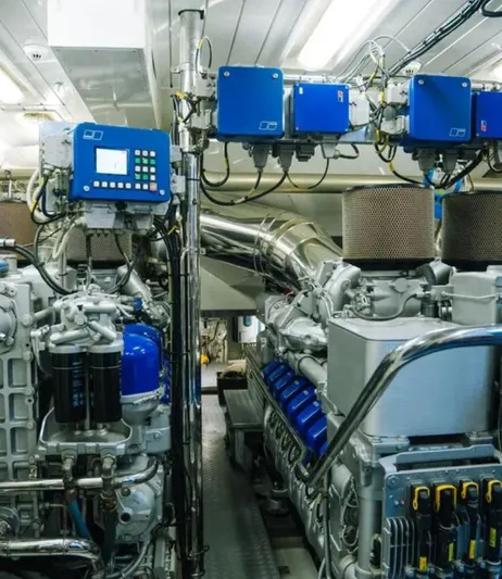  Yacht Photos Pics Engine room of 2009 Mangusta 165 yacht, featuring advanced machinery and control systems.