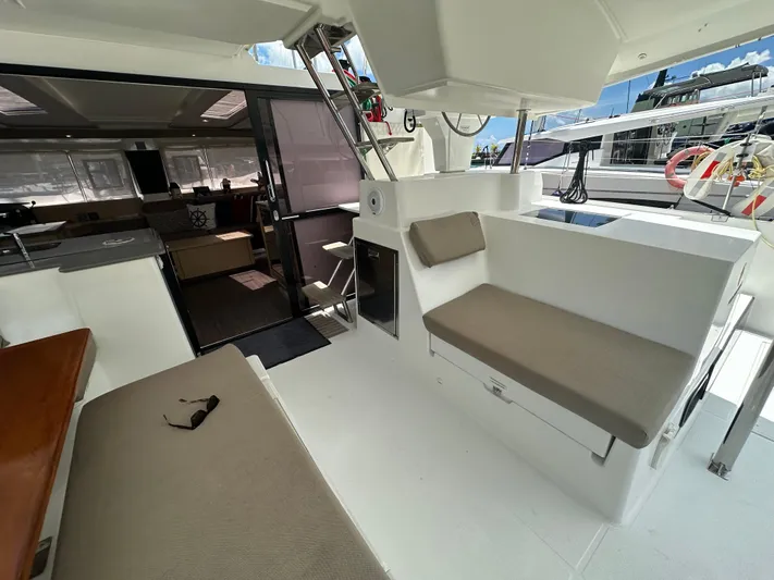 Goin' Coastal Yacht Photos Pics 2018 Fountaine Pajot Helia 44 Evolution yacht interior with seating and modern design.
