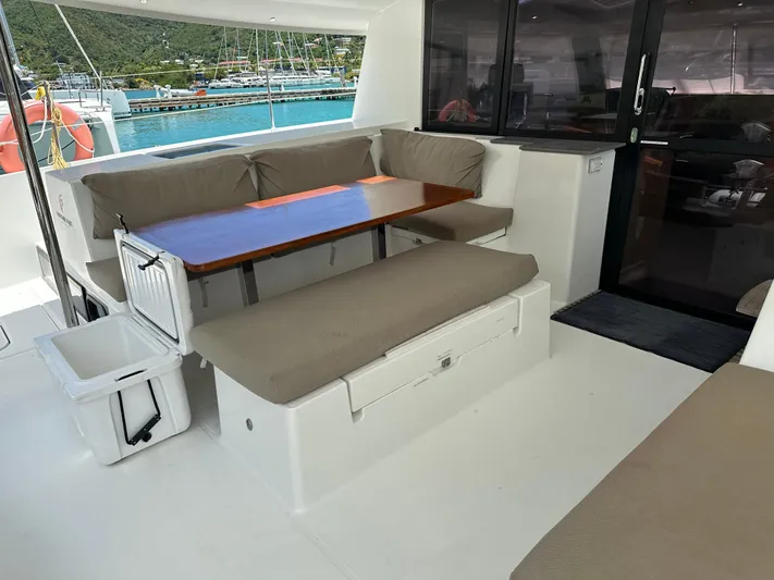 Goin' Coastal Yacht Photos Pics Spacious outdoor seating on 2018 Fountaine Pajot Helia 44 Evolution catamaran.
