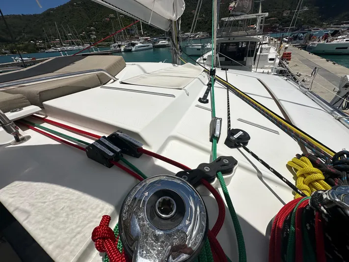 Goin' Coastal Yacht Photos Pics 2018 Fountaine Pajot Helia 44 Evolution yacht deck with colorful ropes and winch.