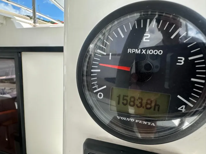 Goin' Coastal Yacht Photos Pics Volvo Penta tachometer on 2018 Fountaine Pajot Helia 44 Evolution, showing 1583.8 hours.