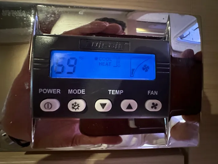 Goin' Coastal Yacht Photos Pics Digital thermostat on 2018 Fountaine Pajot Helia 44 Evolution yacht, displaying 69 degrees.