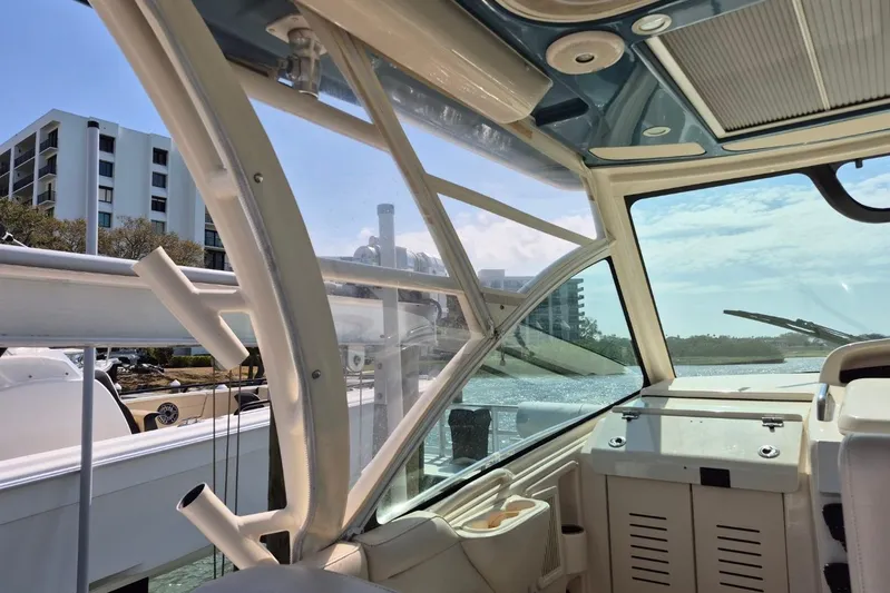 Rising Sun Yacht Photos Pics 2018 Grady-White Express 330 boat interior with marina view and modern design.