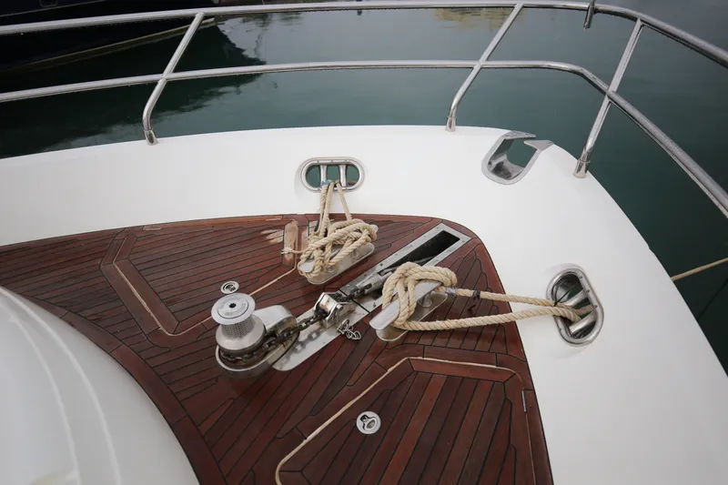  Yacht Photos Pics Bow deck of 2012 Princess 72 Motor Yacht with ropes and winch.