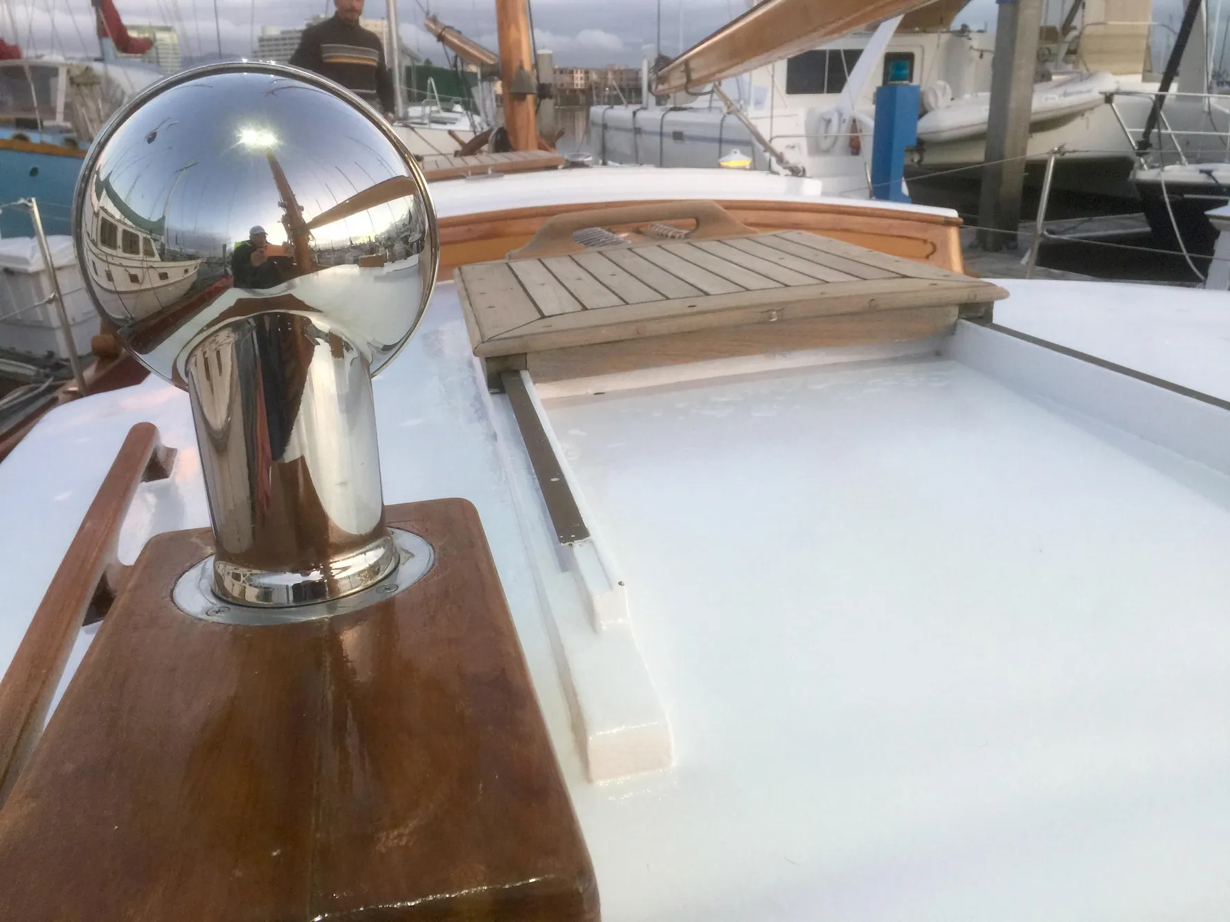 1971 Formosa 41 yacht deck with polished metal and wooden details.