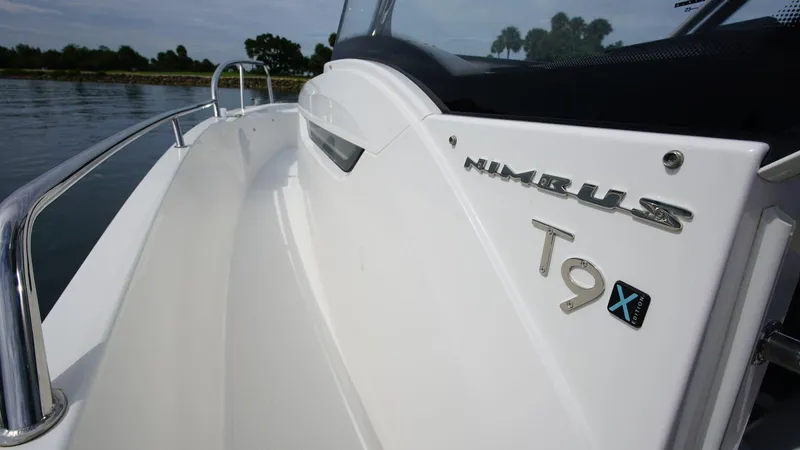 In-stock 2024 Nimbus T9 #143 Yacht Photos Pics Close-up of 2024 Nimbus Tender 9 #143 boat exterior with logo.