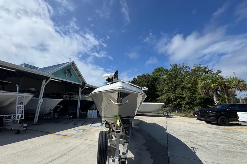  Yacht Photos Pics 2020 Fountain 38 Tournament Edition boat on trailer under clear blue sky.