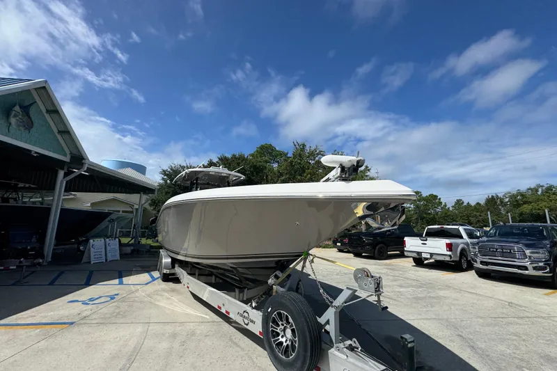  Yacht Photos Pics 2020 Fountain 38 Tournament Edition boat on trailer under clear blue sky.