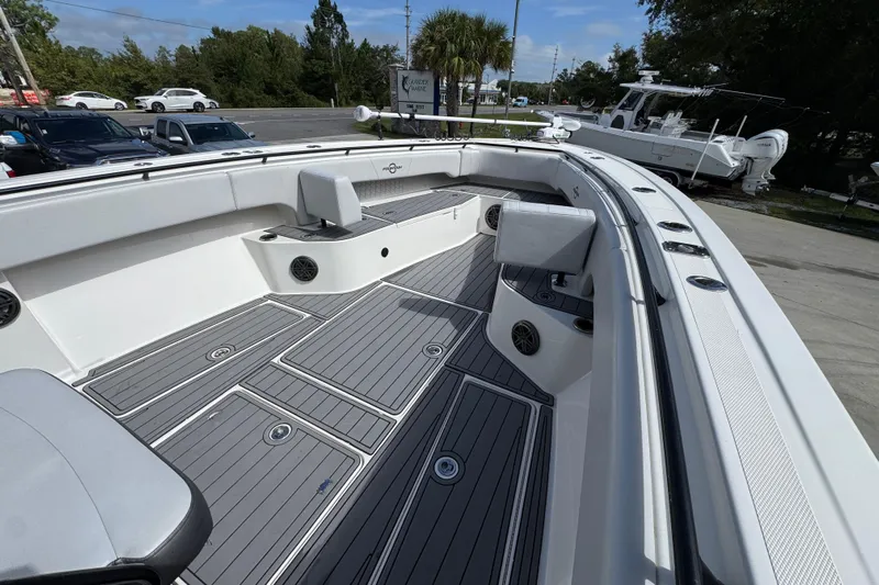  Yacht Photos Pics 2020 Fountain 38 Tournament Edition boat interior with sleek seating and modern design.