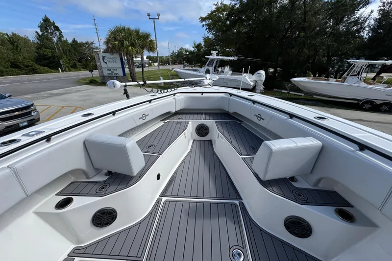  Yacht Photos Pics 2020 Fountain 38 Tournament Edition boat interior with sleek seating and modern design.