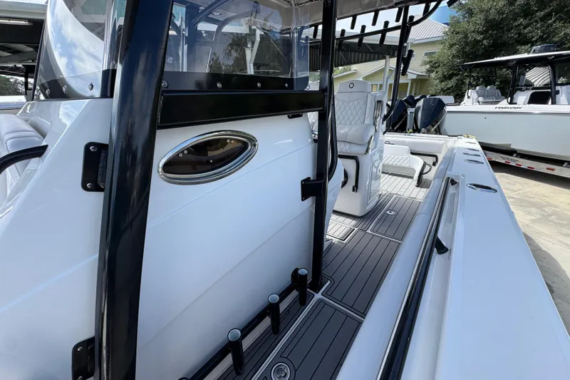  Yacht Photos Pics 2020 Fountain 38 Tournament Edition boat interior with sleek design and modern seating.