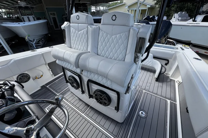 Yacht Photos Pics 2020 Fountain 38 Tournament Edition boat interior with luxury seating and modern design.