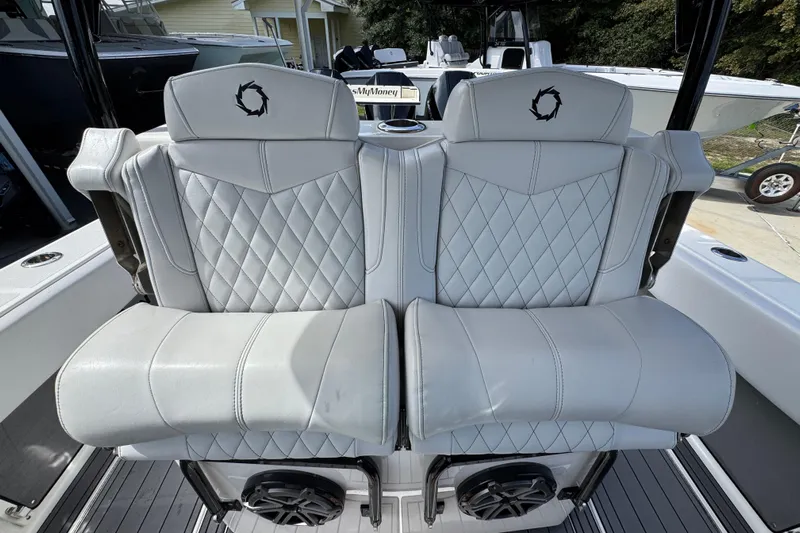  Yacht Photos Pics Luxury seating on 2020 Fountain 38 Tournament Edition boat, featuring diamond-stitched upholstery.