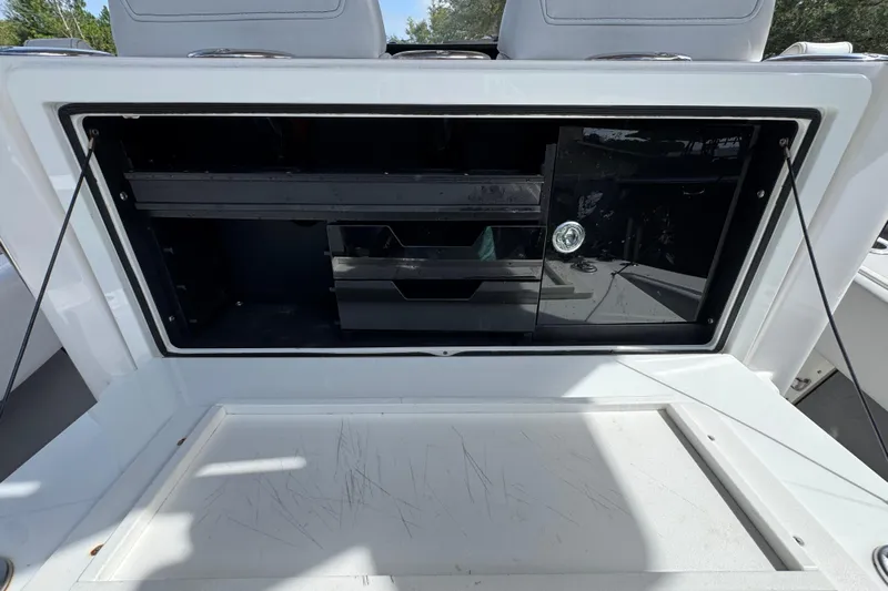  Yacht Photos Pics Open storage compartment on a 2020 Fountain 38 Tournament Edition boat.