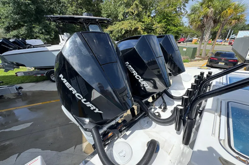  Yacht Photos Pics 2020 Fountain 38 Tournament Edition boat with triple Mercury outboard engines.
