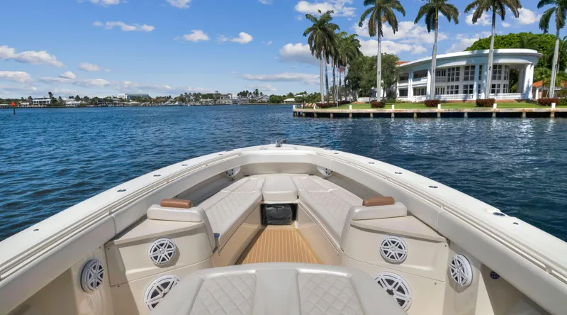 Strait To Voicemail Yacht Photos Pics Bow view of 2018 HCB 53 Sueños luxury boat on a sunny day.