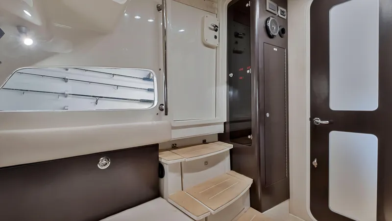 Strait To Voicemail Yacht Photos Pics Interior cabin of 2018 HCB 53 Sueños boat with modern design and seating.