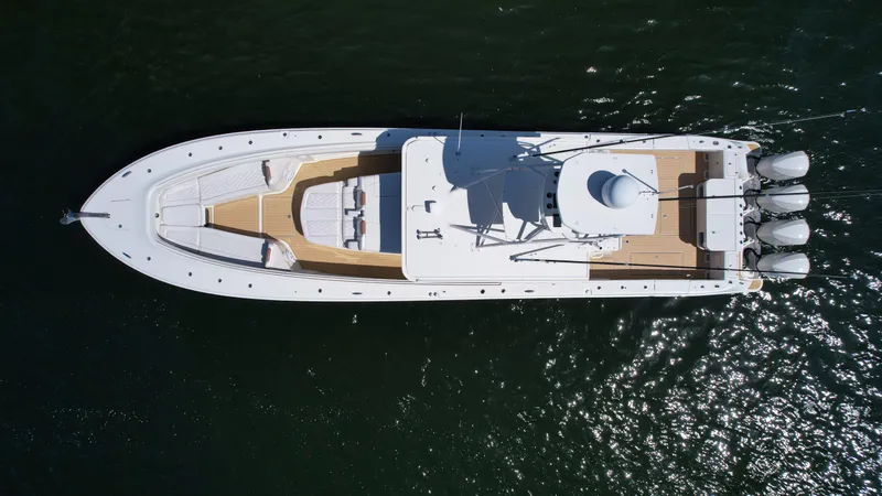 Strait To Voicemail Yacht Photos Pics Aerial view of 2018 HCB 53 Sueños luxury yacht on water.
